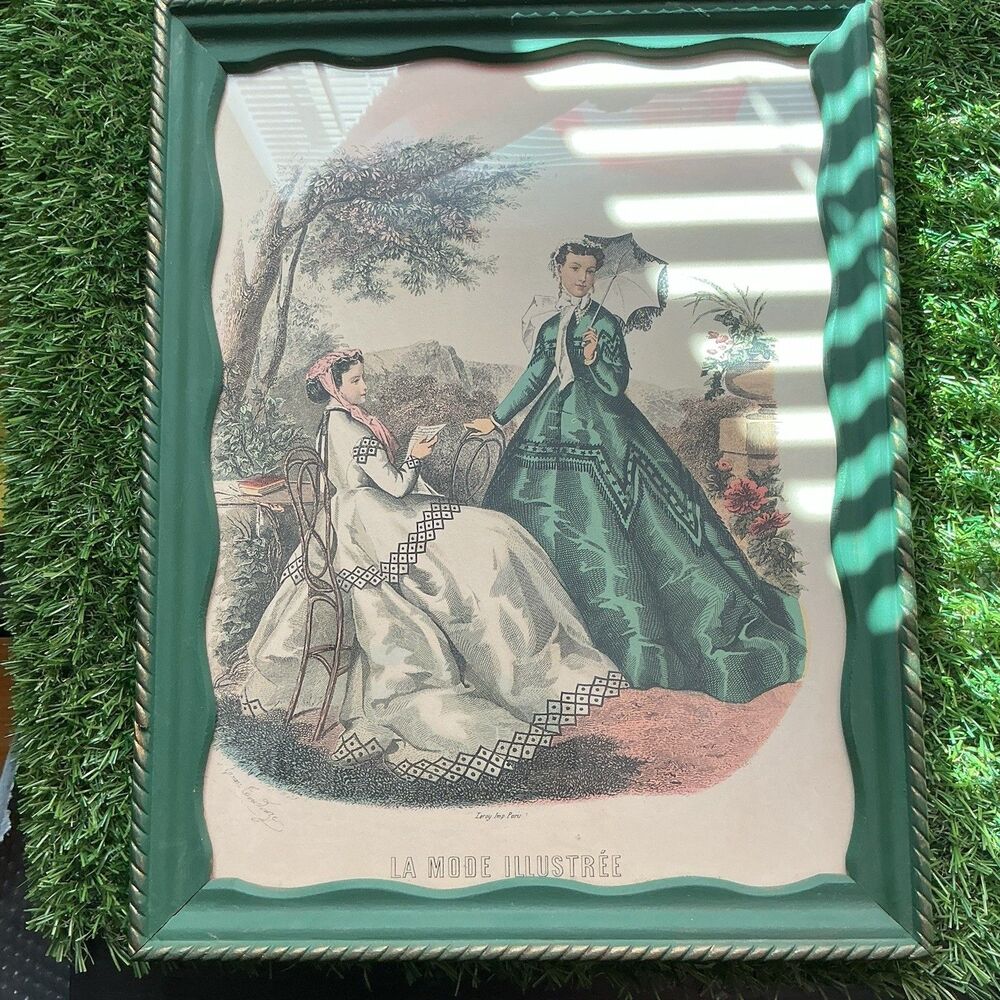 La Mode Illustree French Fashion Print Framed Green Gold Victorian Wall Art
